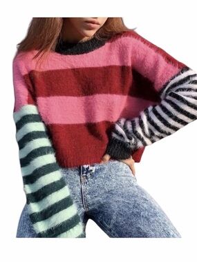 The Ragged Priest Mismatched Fuzzy Mixed Stripe Cropped Sweater - Size M